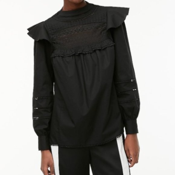 ❤️ J. CREW BLACK PEASANT BLOUSE TOP HIGH NECK CROCHET BALLOON SLEEVES BOHO SHIRT - Picture 3 of 12